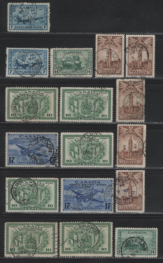 Lot 323 Canada #257, 259, CE2, E10, O9-C8, O10-C8 10c - 7c Brown - Dull Blue Parliament Buildings - Air Training Plan, 1942-1943 KGVI War Definitive & Airmail Issues, 17 Fine/Very Fine Used Singles, Ontario Town Cancels