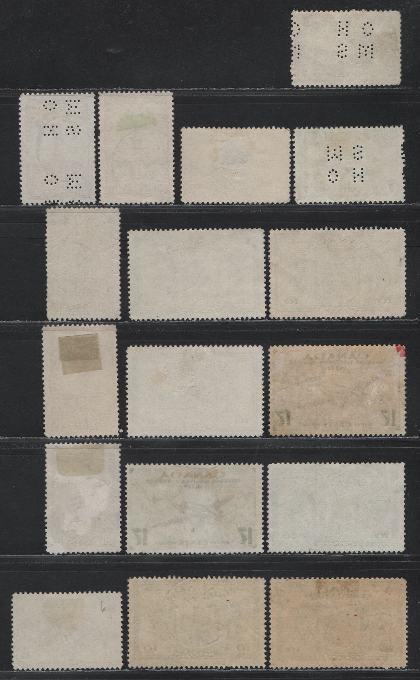 Lot 323 Canada #257, 259, CE2, E10, O9-C8, O10-C8 10c - 7c Brown - Dull Blue Parliament Buildings - Air Training Plan, 1942-1943 KGVI War Definitive & Airmail Issues, 17 Fine/Very Fine Used Singles, Ontario Town Cancels