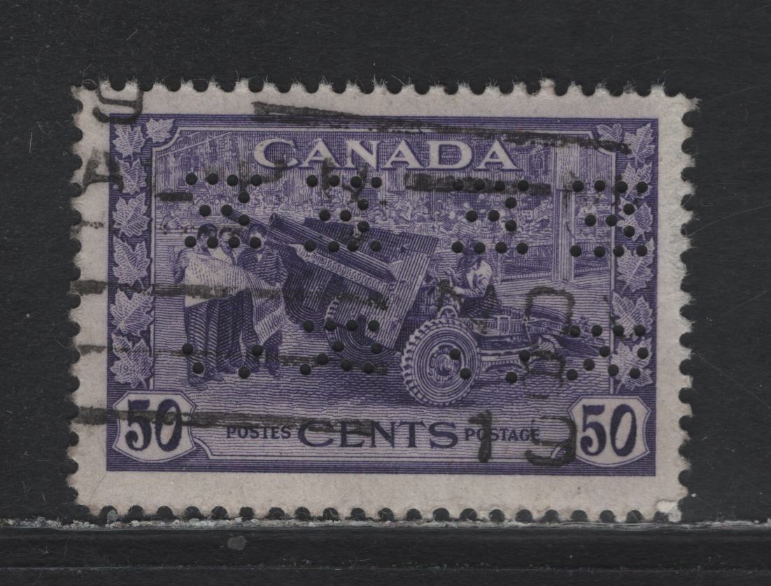 Lot 324 Canada #261 50c Violet Munitions Factory, 1942-1943 KGVI War Issue, A Fine Used Single, Montreal Rolling Mills Perfin From Pos. 4, Typical Missing Holes In The C's
