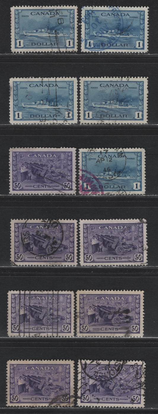 Lot 325 Canada (C) #261-262 50c - $1 Violet - Deep Blue Munitions Factory - Tribal Class Destroyer, 1942-1943 KGVI War Issue, 12 Very Fine Used Singles, Completely Unchecked As To Paper Type & Perforations