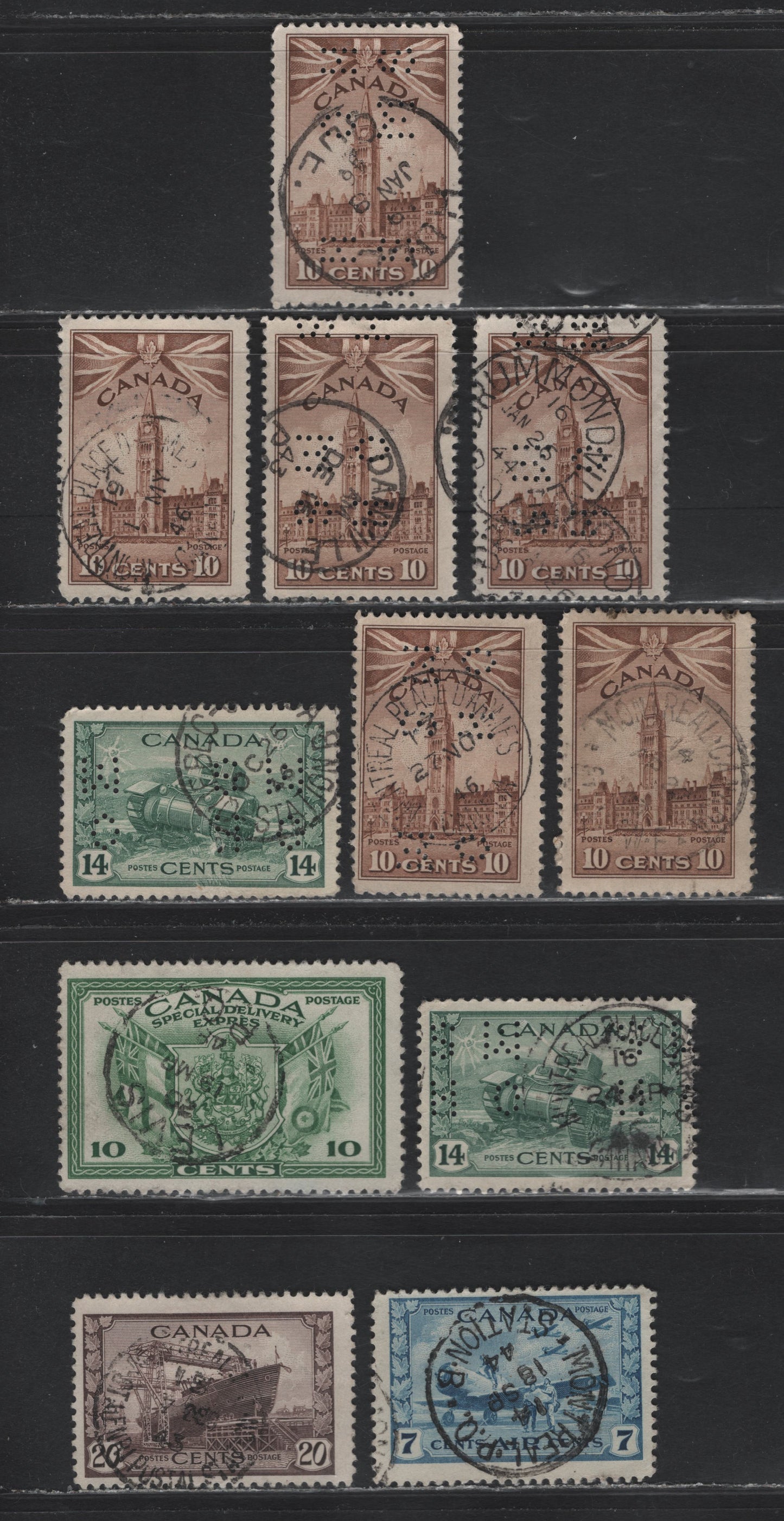 Lot 327A Canada #257, 260, C8, E10, O9-257, O9-259, O10-259 10c - 10c Brown - Green Parliament Building - Ram Tank, 1942-1943 KGVI War Definitive & Airmail Issues, 10 Fine/Very Fine Used Singles, Quebec Cancels, Mostly Montreal
