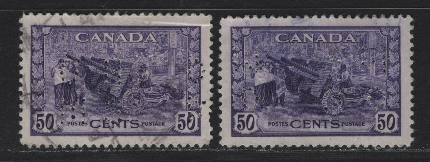 Lot 328 Canada #O9-261 50c Violet - Deep Violet Munitions Factory, 1942-1943 KGVI War Issue, 2 Very Fine Used Singles, 4-Hole OHMS Perfins, Original Die From Pos. 1 & 2, Unchecked As To Paper Types & Perfs.