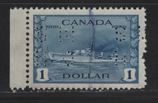 Lot 329 Canada #O9-262 $1 Deep Dull Blue Tribal Class Destroyer, 1942-1943 KGVI War Issue, A Fine Used Single, 4-Hole OHMS Perfins, Original Die From Pos. 3, Unchecked As To Paper Type & Perf.