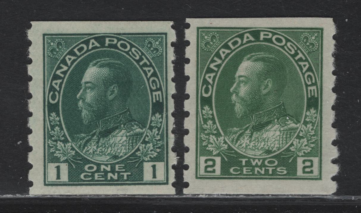 Lot 42 Canada (C) #125ii 1c Blue Green King George V, 1912-1924 Admiral Issue, 2 FOG/NH Coil Singles, Papers ABN-B & ABN-I, Perf 8 Vertically, Retouched (1c) & Redrawn (2c) Framelines, 17.4x24mm & 17.6x22.