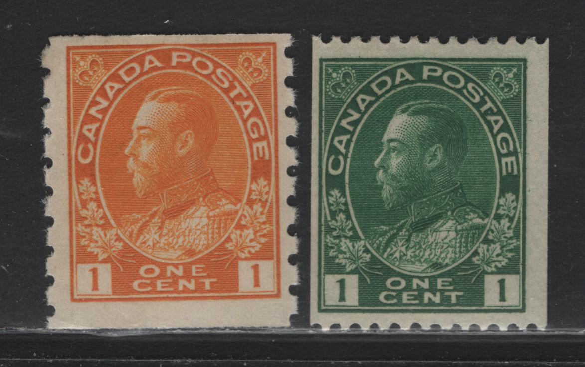 Lot 47 Canada (C) #126d, 131 1c Bright Orange Yellow - Deep Yellow Green , 1915-1924 Admiral Issue, 2 FOG Coil Singles, ABN-E Paper, Perf 8 Vertical & 12 Horiz, 1c Orange Yellow Is Die 1 Wet Printing & Retouched Frameline, Green Has A Retouched Frameline.