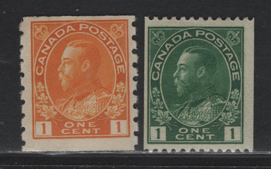 Lot 47 Canada (C) #126d, 131 1c Bright Orange Yellow - Deep Yellow Green , 1915-1924 Admiral Issue, 2 FOG Coil Singles, ABN-E Paper, Perf 8 Vertical & 12 Horiz, 1c Orange Yellow Is Die 1 Wet Printing & Retouched Frameline, Green Has A Retouched Frameline.