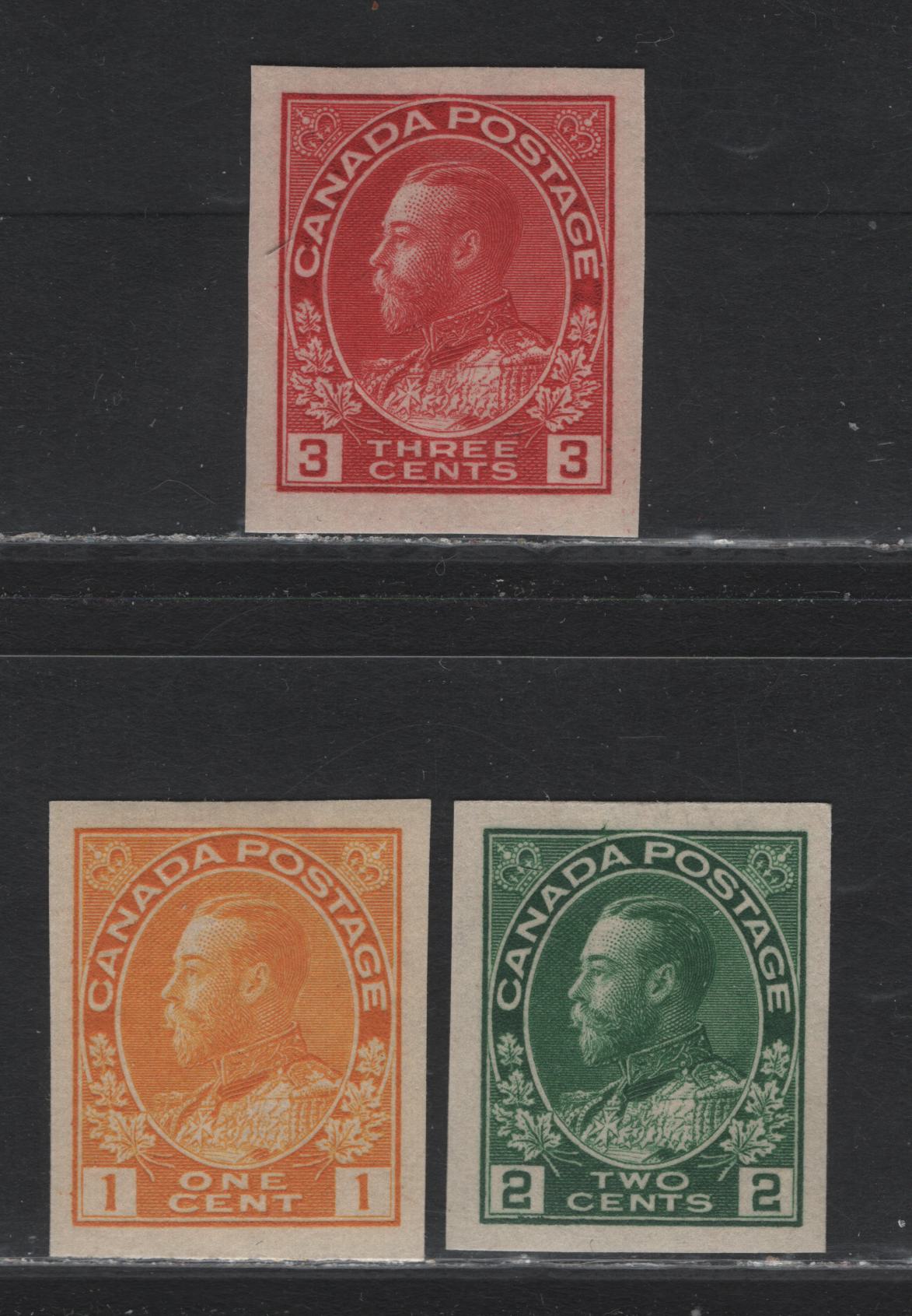 Lot 49 Canada (C) #136-138 1c - 3c Bright Orange Yellow - Carmine Red King George V, 1924 Admiral Imperforate Issue, 3 VFOG/NH Imperf Singles, ABN-E & ABN-M Papers, Very Slight Gum Wrinke On 3c, Which Is NH