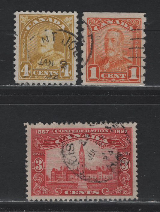 Lot 54 Canada (C) #143, 160, 168 3c - 4c Carmine Red - Yellow Bistre Parliament Building - King George V, 1927-1931 Confederation - Arch/Leaf Issues, 3 Fine/Very Fine Used Singles, Unchecked As To Paper & Perf