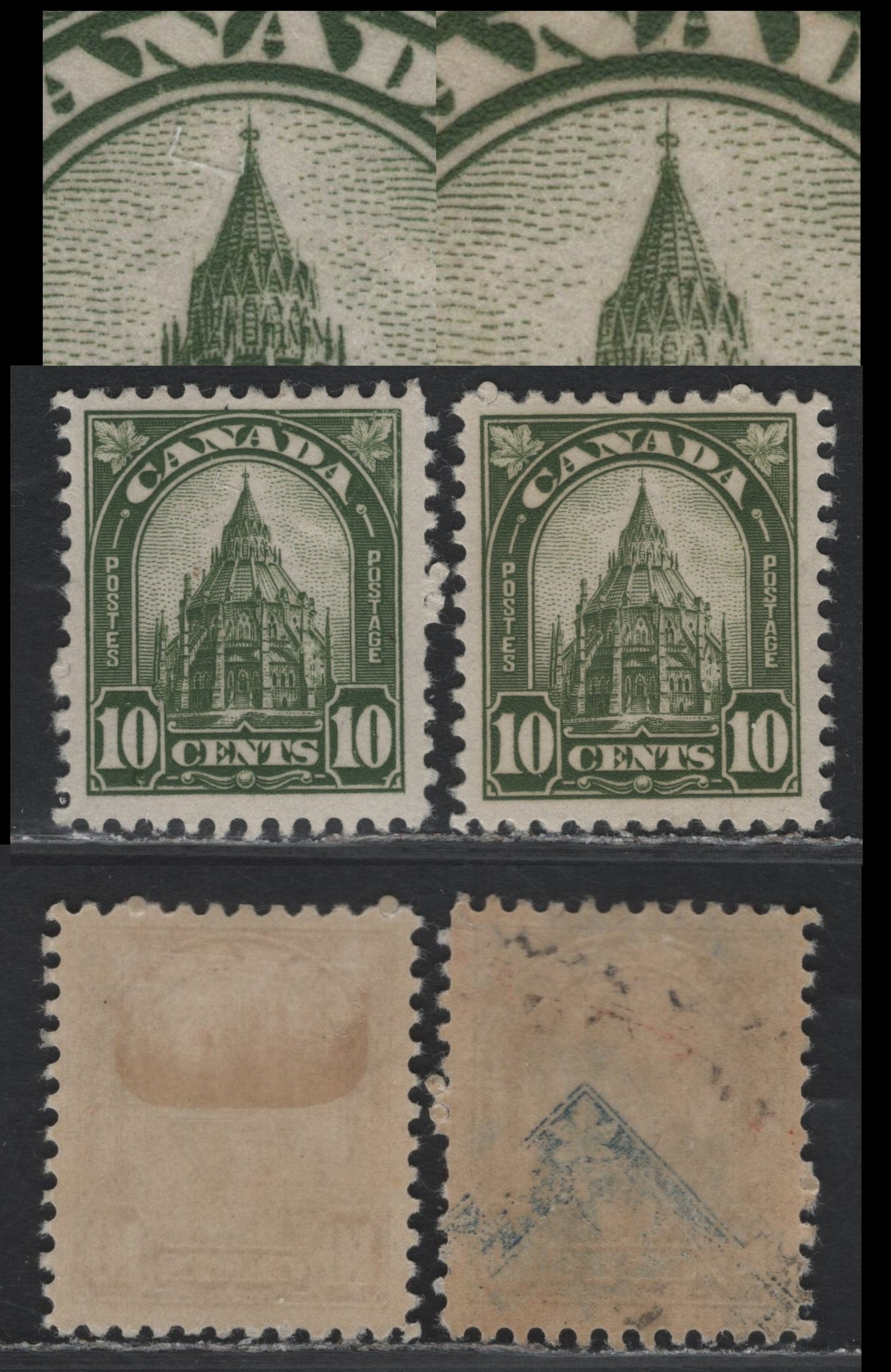 Lot 55 Canada (C) #173, 173ii 10c Bronze Green - Olive Green Library of Parliament, 1930-1931 Arch/Leaf Issue, 2 VFOG SIngles, BABN-D Paper, Perfs 10.9x10.8 & 10.8, Broken Spire Variety & Normal Spire.