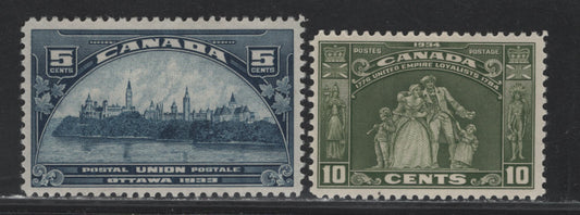 Lot 62 Canada (C) #202, 209 5c - 10c Dark Blue - Olive Green Parliament Building - Loyalist Statue, 1933-1934 UPU - Loyalist Issues, 2 VFOG Singles, BABN-D & BABN-II Papers
