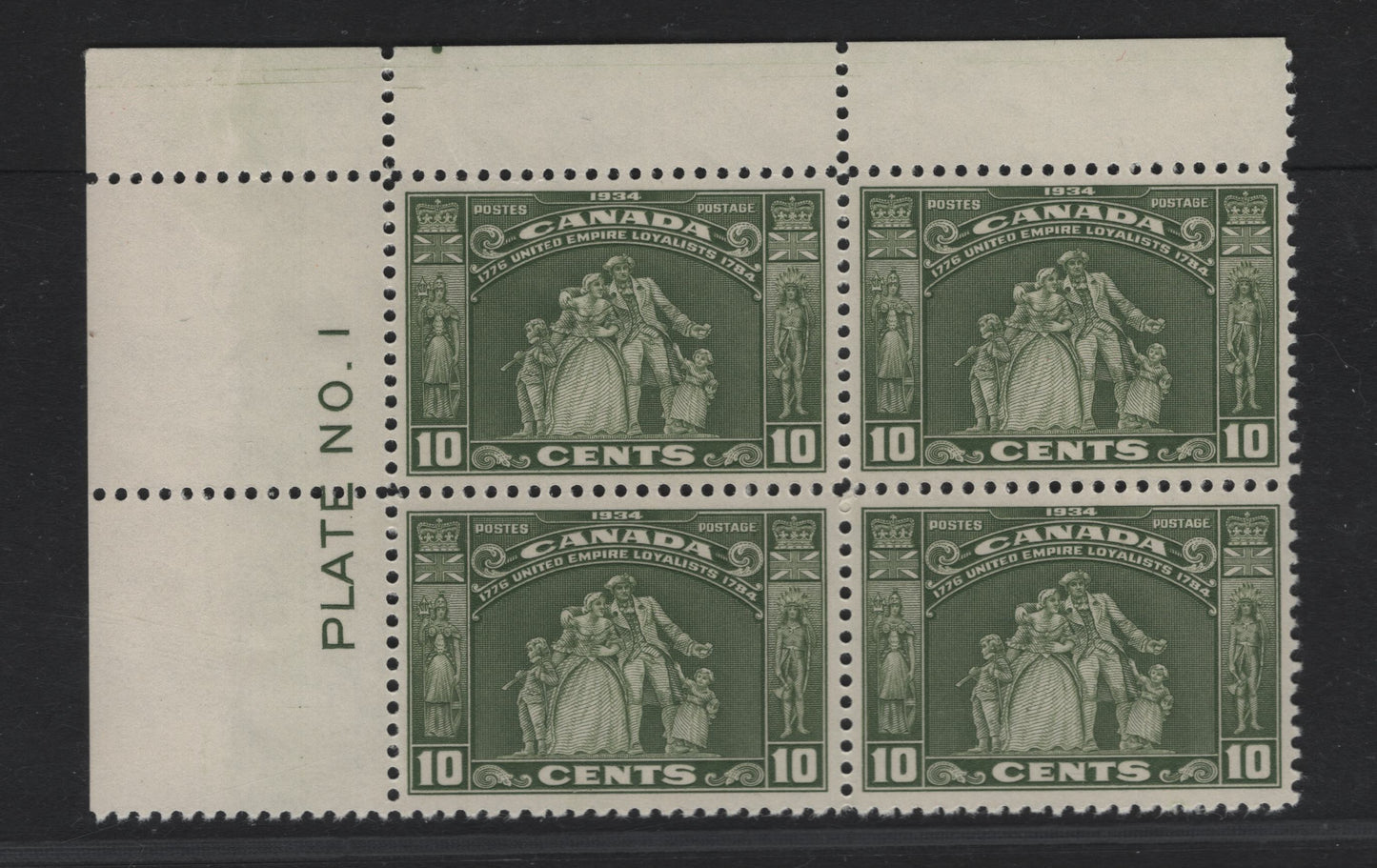 Lot 63 Canada (C) #209 10c Olive Green Loyalist Statue, 1934 Loyalist Issue, A VFOG UL Plate 1 Block Of 4, BABN-II Paper, LL Stamp Is NH, Perf 10.9.