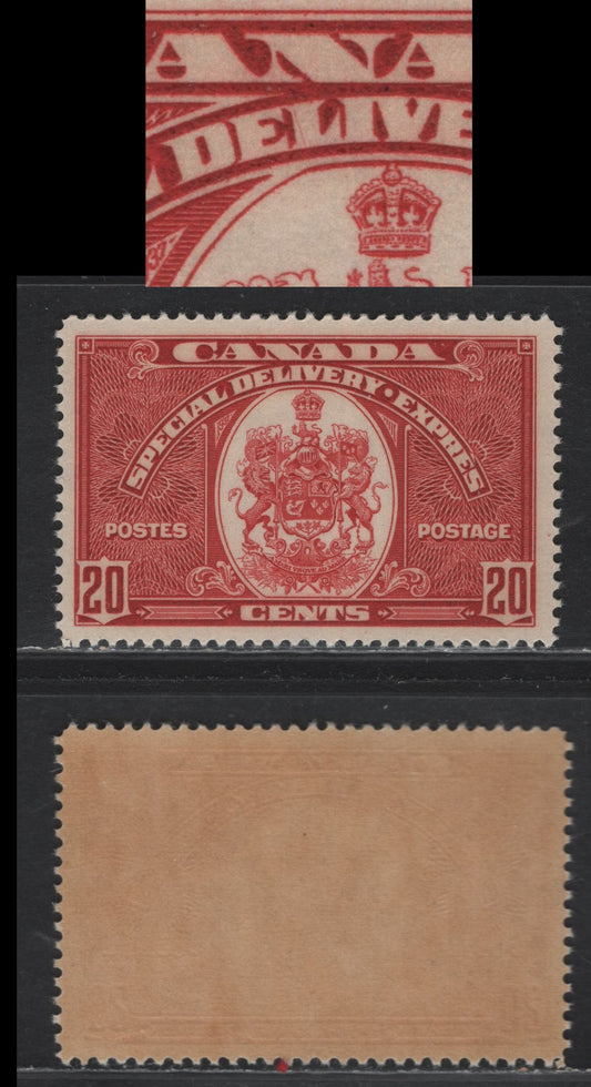 Lot 65 Canada (C) #E8var 20c Dark Carmine , 1938 Special Delivery Issue, A VFNH Single, CBN-II Paper, Perf 12, Showing Hairline In 'L' Of Delivery, Possibly Constant.