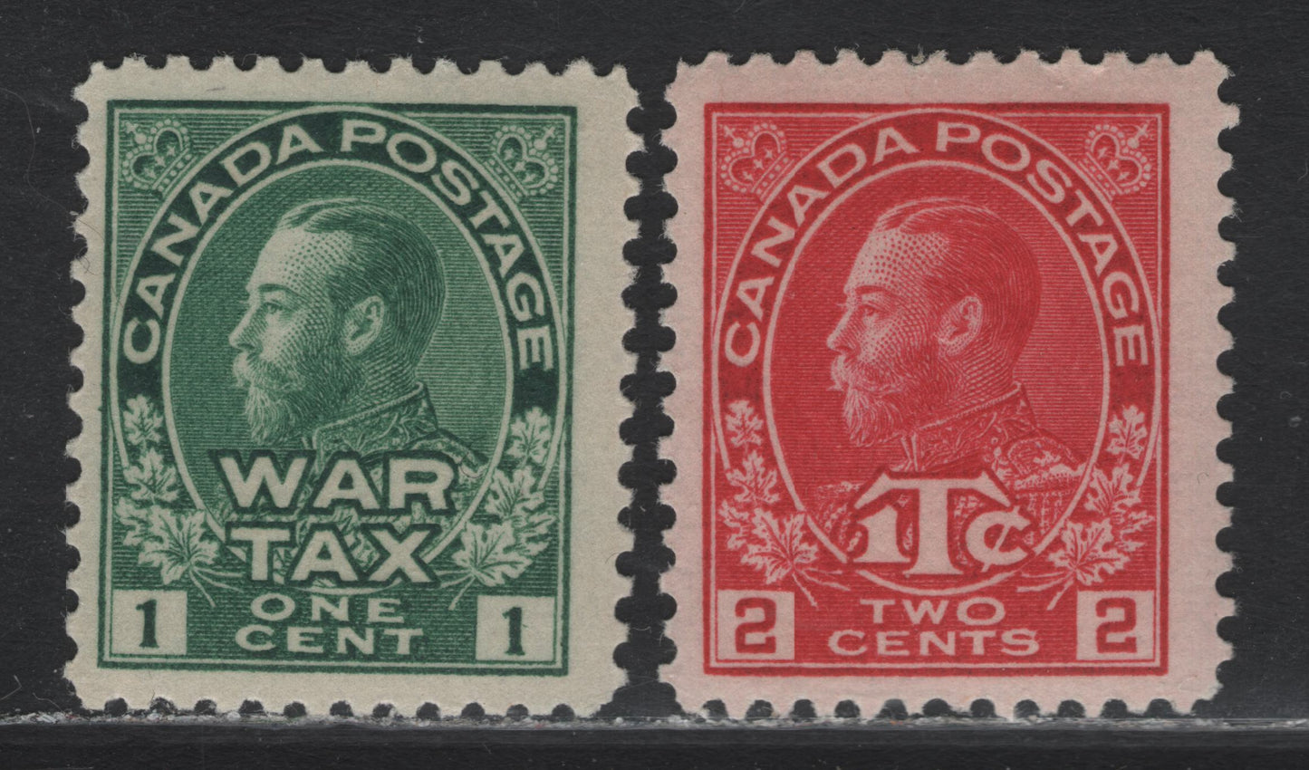 Lot 66 Canada (C) #MR1, MR3b 1c - 2c + 1c Dark Green - Rosine King George V, 1915-1916 War Tax Issue, 2 VG/FOG Singles, ABN-A Paper, Die 1, Retouched Framelines, MR3b is NH, MR1 has A Tiny Gum Thin At The Top.