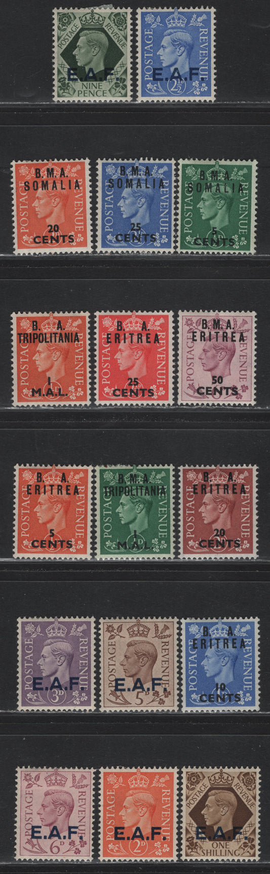 Lot 74 British Occupied Italian Colonies (C) SG#52-58, S10, S12-13, E26-E27, E19, T14, T27 2d - 1l on 1/2d Pale Orange , 1943-1950 King George VI Dulac Design Definitives, 17 F/VFOG Singles, Various Overprints, Small Thin On 2d Pale Orange