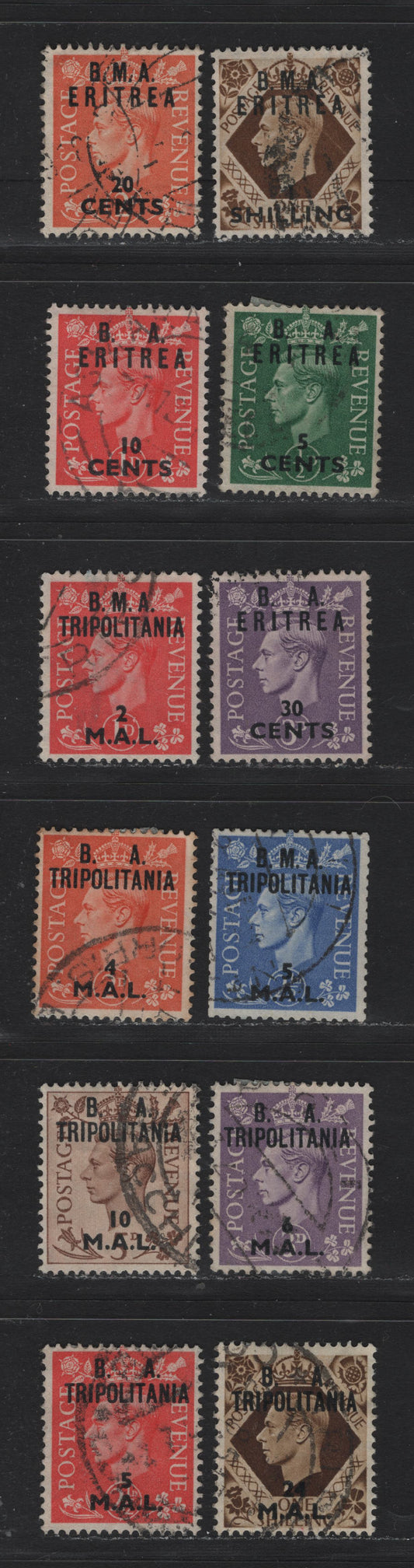 Lot 75 British Occupied Italian Colonies (C) SG#E13-E14, E17, E3, E9, T2, T5, T17, T19, T31, T20, T23 20c on 2d - 5l on 2.5d Pale Orange - Pale Scarlet , 1948-1950 King George VI Dulac Design Definitives, 12 Fine/Very Fine Used Singles, Various Overprints
