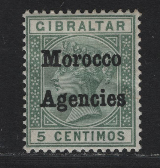 Lot 79 Morocco Agencies (C) SG#1 5c Green , 1898-1900 Overprinted Gibraltar Keyplate Issue, A VGOG Singles, Overprint Type 1, Gum Crease