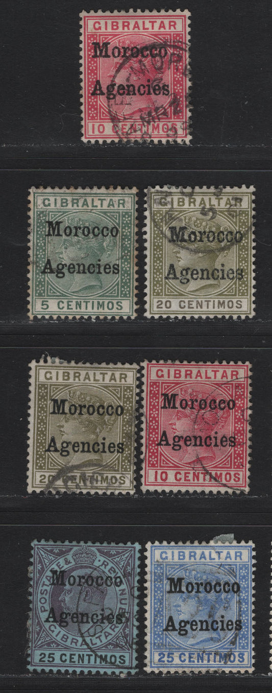Lot 80 Morocco Agencies (C) SG#2-3, 9-12, 20 10c - 25c Carmine - Purple & Black , 1898-1905 Queen Victoria Gibraltar & King Edward VII Keyplate Issues, 7 Fine/Very Fine Used Singles, Types 1 & 2 Morocco Agencies Overprints, Crown CA Wmks