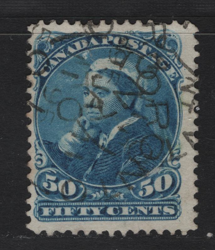 Lot 8 Canada (C) #47 50c Blue Queen Victoria, 1888-1897 Small Queen Issue, A Very Good Used Single, 2O-I Paper, Perf 12.1x12, Closed Tear At Top Above & Through 'D' Of Canada.