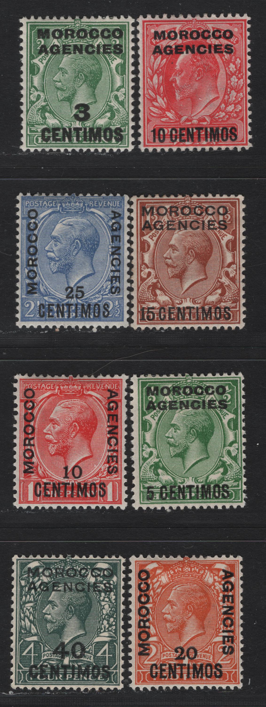 Lot 81 Morocco Agencies - Spanish Currency (C) SG#113, 128, 133, 139, 143-144, 146, 148 10c on 1d - 40c on 4d Scarlet - Gray Green , 1907-1931 Surcharged King Edward VII - KGV Profile Head Issues, 8 F/VFOG Singles, Block Cypher Wmks