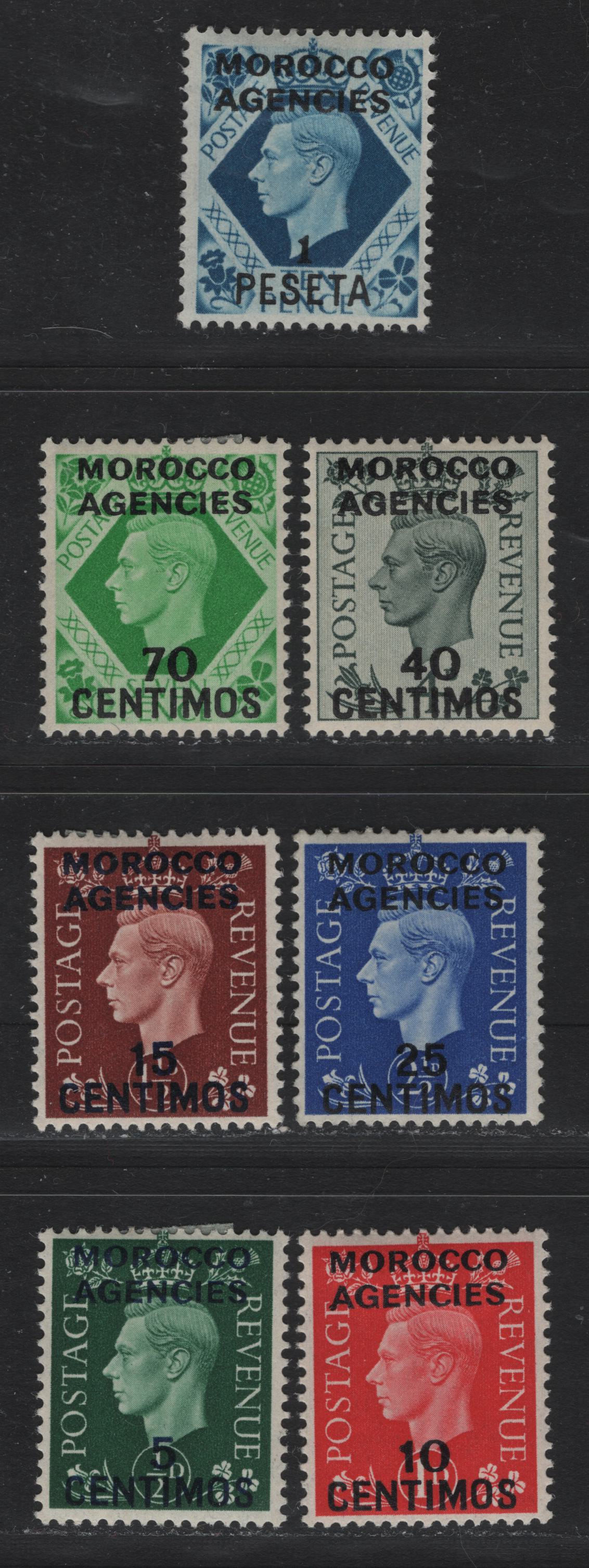Lot 82 Morocco Agencies - Spanish Currency (C) SG#165-171 5c on 1/2d - 1p on 10d Dark Green - Turquoise Blue , 1937-1952 King George VI Dulac Design Definitives, 7 VFOG Singles, Centimos/Peseta Surcharges
