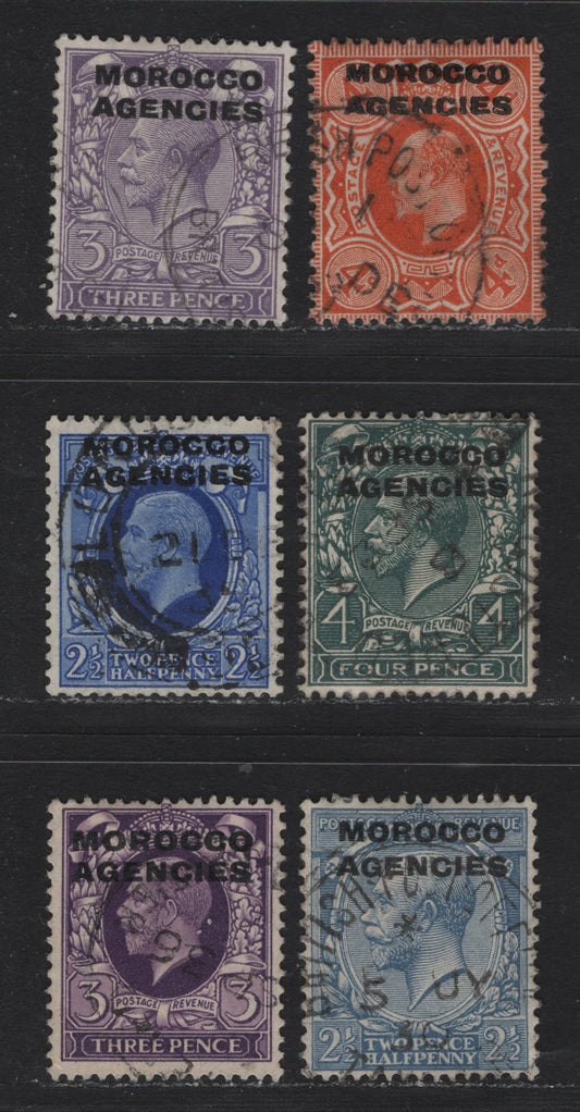 Lot 85 Morocco Agencies - British Currency (C) SG#35, 46-47, 58, 69-70 4d - 3d Pale Orange - Violet , 1907-1937 King Edward VII - KGV Photogravure Issues, 6 Very Fine Used Singles