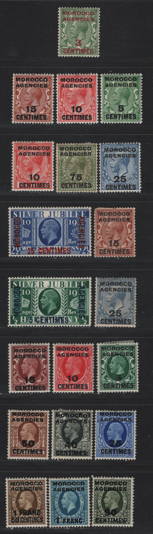 Lot 87 Morocco Agencies - French Currency (C) SG#191-195, 198, 203-205, 212, 215-224 3c on 1/2d - 1f50 on 1/- Green - Bistre Brown , 1917-1957 KGV Profile Heads - Photogravure Issues, 20 F/VFOG Singles, Royal Cypher Wmks