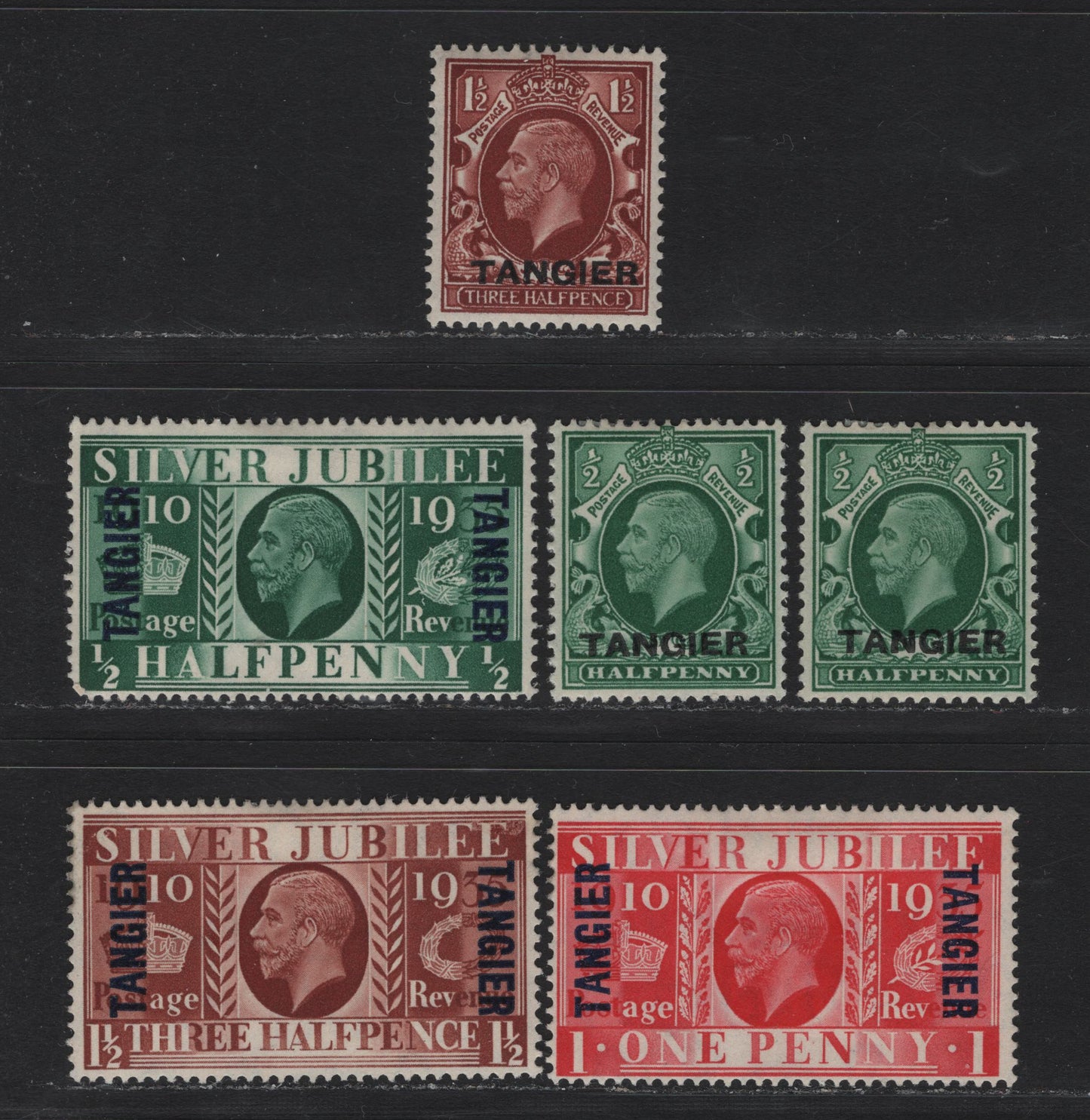 Lot 88 Morocco Agencies - Tangier (C) SG#235, 237-240 1/2d - 1.5d Green - Red Brown , 1931-1935 KGV Photogravure Issue, 6 F/VFOG Singles, Two Examples of The 1/2d Intermediate Formar, Rather Than The More Common Small Format