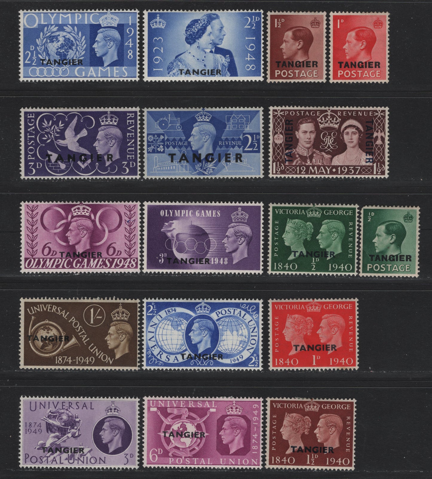 Lot 90 Morocco Agencies - Tangier (C) SG#241-244, 248-250, 253-255, 257-260, 276-279 1/2d-1/- Green - Olive Brown King Edward VIII - Post Horn & Globe, 1936 King Edward VIII Issue - 1949 UPU Issue, 17 Fine & VFOG Singles