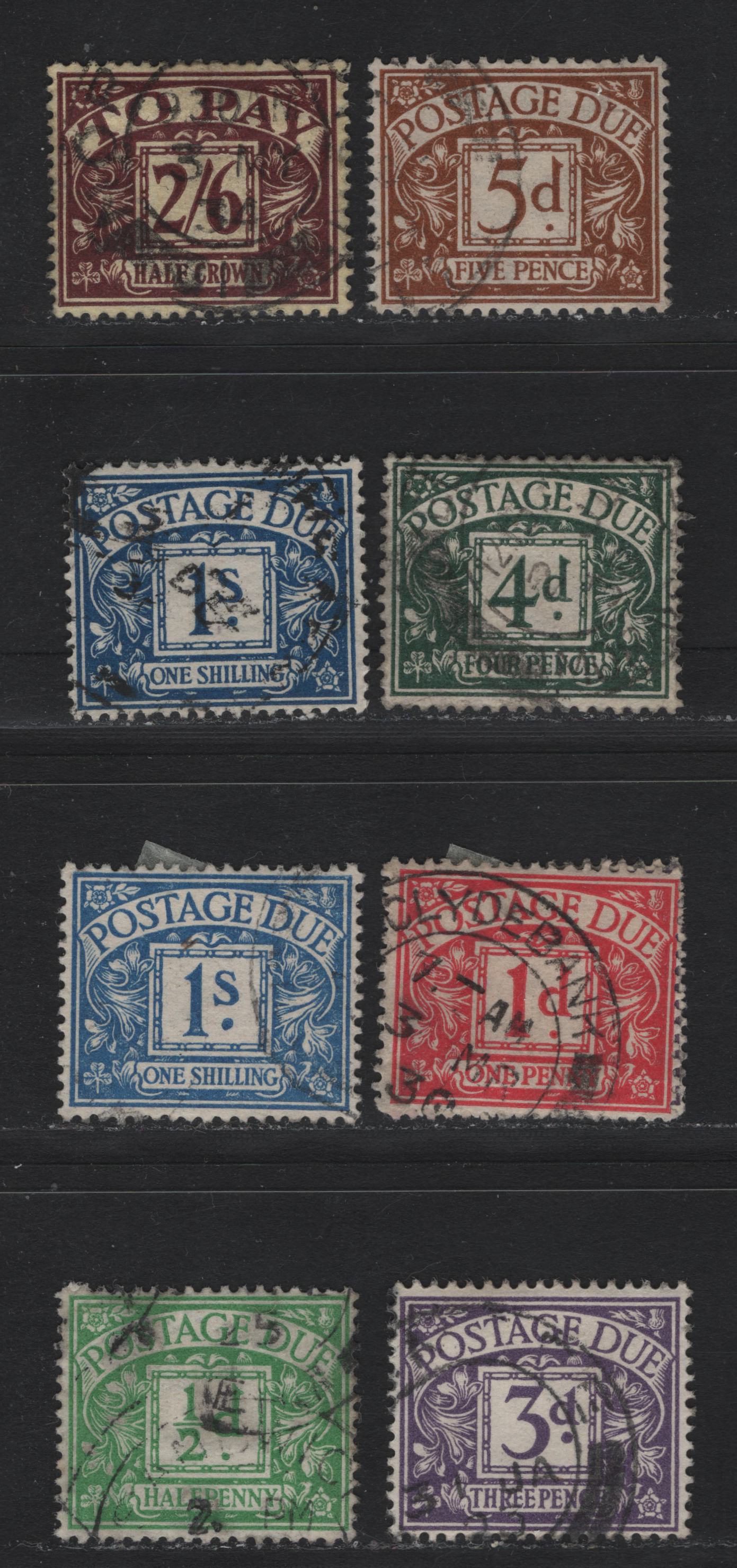 Lot 95 Great Britain (C) SG#D10/D18 1/2d-2/6d Emerald - Purple on Yellow Framed Numeral, 1924-1931 Postage Due Issue, 9 Fine & VF Used Singles Wmk Block Cypher Sideways, Includes Two Shades Of the 3d and 1/-