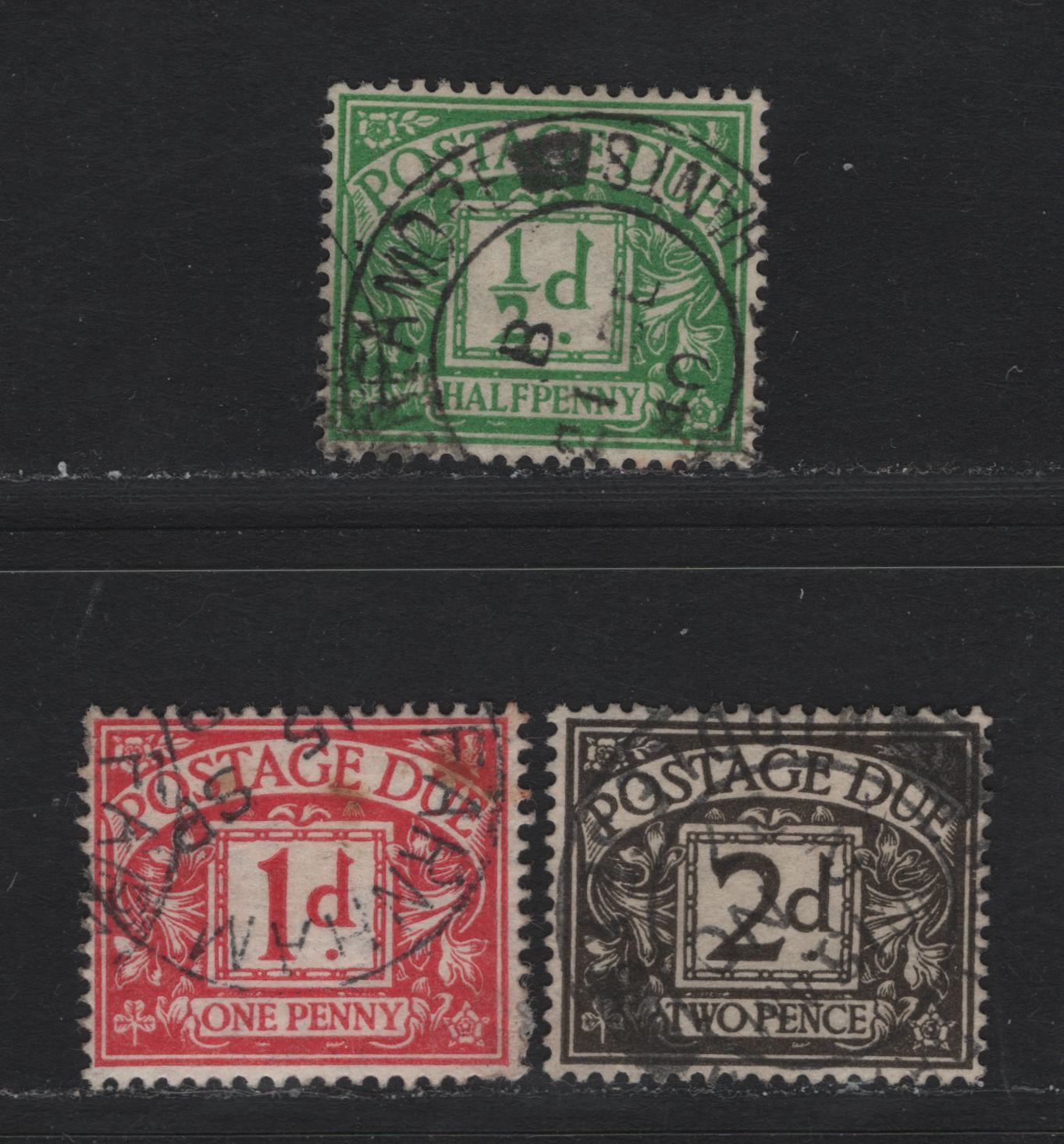 Lot 96 Great Britain (C) SG#D19-D21 1/2d-2d Emerald - Agate Framed Numeral, 1936-1937 Postage Due Issue, 3 VF Used Singles Wmk E8R Sideways