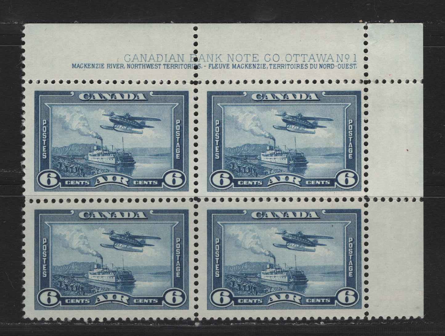 Lot 99 Canada (C) #C6 6c Deep Blue Monoplane Over Mackenzie River, 1938 Airmail Issue, A FNH UR Plate 1 Block Of 4, CBN-W Paper, Perf 12.05x11.9
