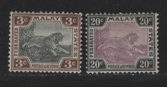Lot 101 Federated Malaya States (C) SG#16, 21 3c - 20c Black & Brown - Mauve & Black , 1900-1901 Tiger Keyplates, 2 F/VFOG Singles, Crown Ca Wmk, Plate 1 Printings, Showing Two Upper Lines Of Background Shading Opposite 'S' of States, Separated.
