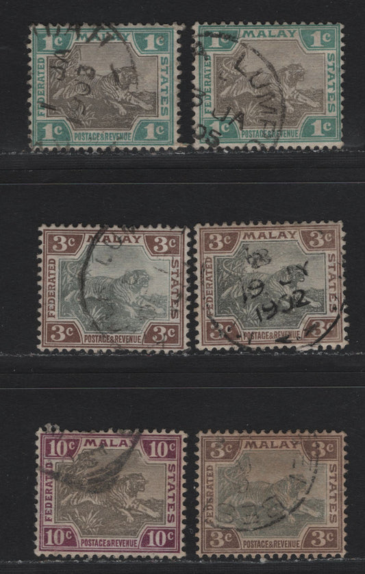 Lot 105 Federated Malaya States (C) SG#15a, 16a, 20a 1c - 10c Gray & Green - Gray & Claret , 1900-1901 Tiger Keyplates, 5 Fine/Very Fine Used Singles, Unlisted Shade Variations, Sideways Crown CA Wmk