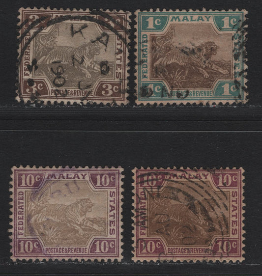 Lot 108 Federated Malaya States (C) SG#15b, 16b, 20b 1c - 10c Gray Brown & Green - Gray Brown & Purple , 1900-1901 Tiger Keyplates, 4 Very Fine Used Singles, Some Toning On 1c & 10c Claret