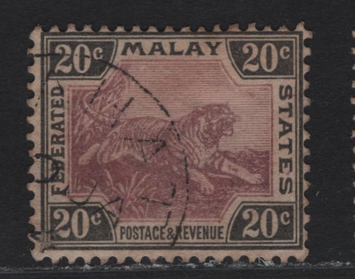 Lot 110 Federated Malaya States (C) SG#21 20c Mauve & Black , 1900-1901 Tiger Keyplates, A Fine Used Single, Plate 1 Example