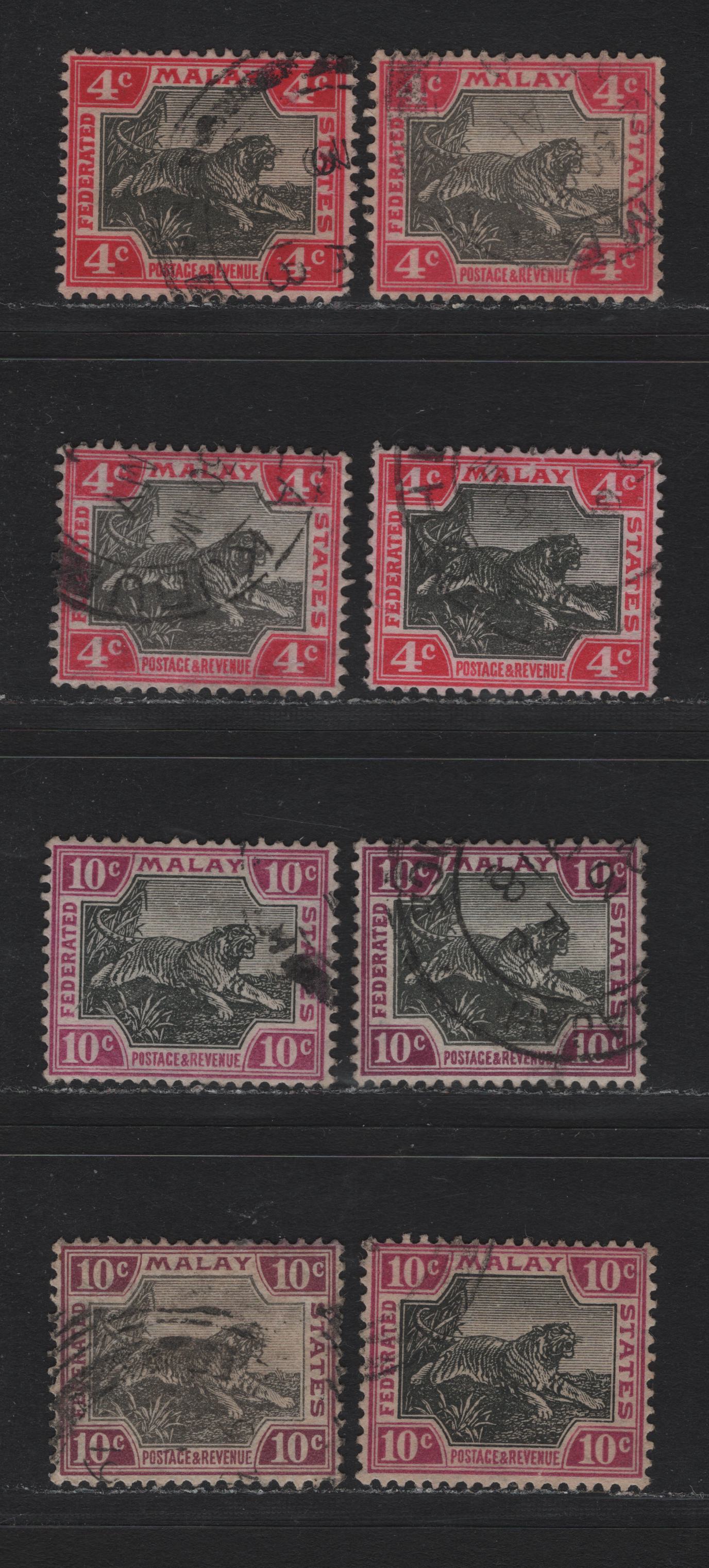 Lot 114 Federated Malaya States (C) SG#36e,f, 43nw, 43d, 43e 4c - 10c Black & Aniline Rose - Jet Black & Bright Purple , 1904-1922 Tiger Keyplates, 8 Very Fine Used Singles, Unlisted Shades, Plates 1 & 2, 10c Black & Purple With Inverted Sideways Wmk.