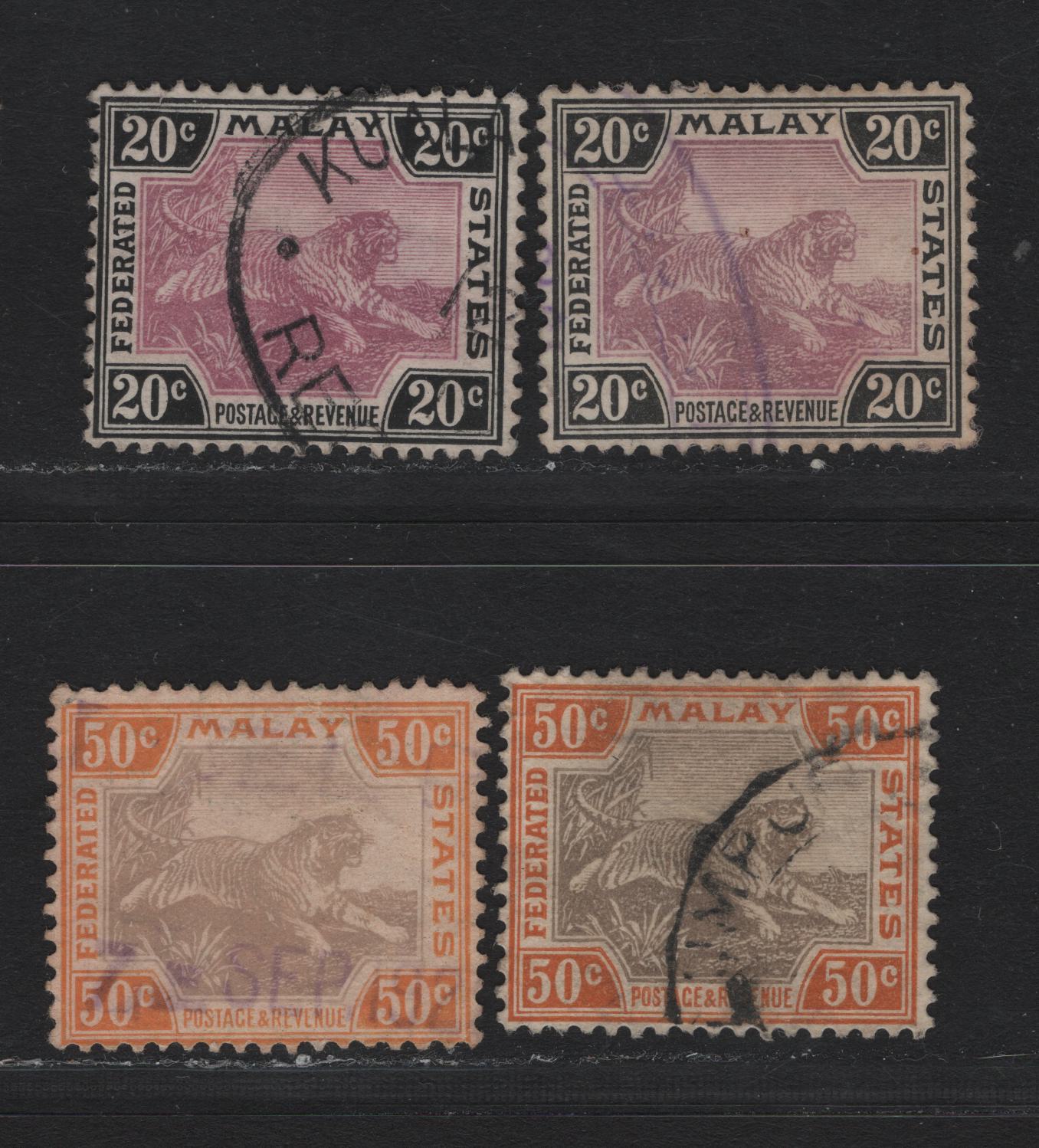 Lot 116 Federated Malaya States (C) SG#45a, 47d 20c - 50c Mauve & Black - Gray Brown & Orange Brown , 1904-1922 Tiger Keyplates, 4 Fine/Very Fine Used Singles, Chalky Paper Printings, Plate 2, Different Shades.