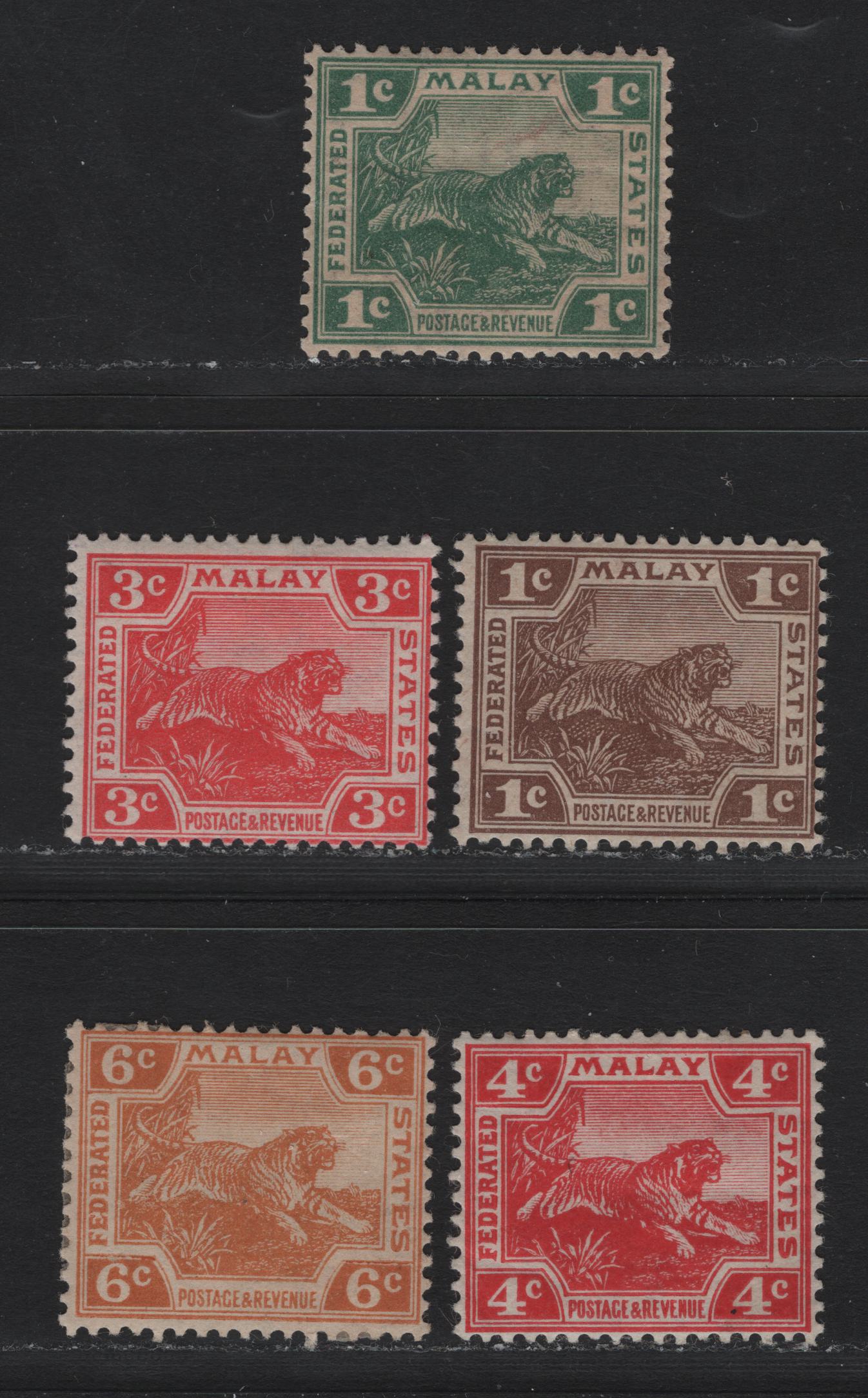 Lot 118 Federated Malaya States (C) SG#29-40, 34, 38, 40 1c - 6c Green - Orange , 1904-1922 Tiger Keyplates, 5 F/VFOG Singles, Plates 1 & 2, 1c Die 2, 4c Die 1