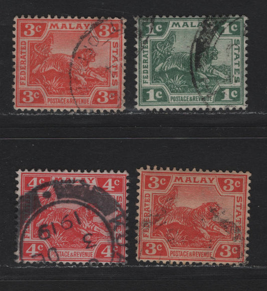 Lot 120 Federated Malaya States (C) SG#29aw, 34aw,bw, 38aw 1c - 4c Green - Scarlet , 1904-1922 Tiger Keyplates, 4 Fine/Very Fine Used Singles, Die 2 Printings From Plates 1 & 2, Sideways Inverted Wmk