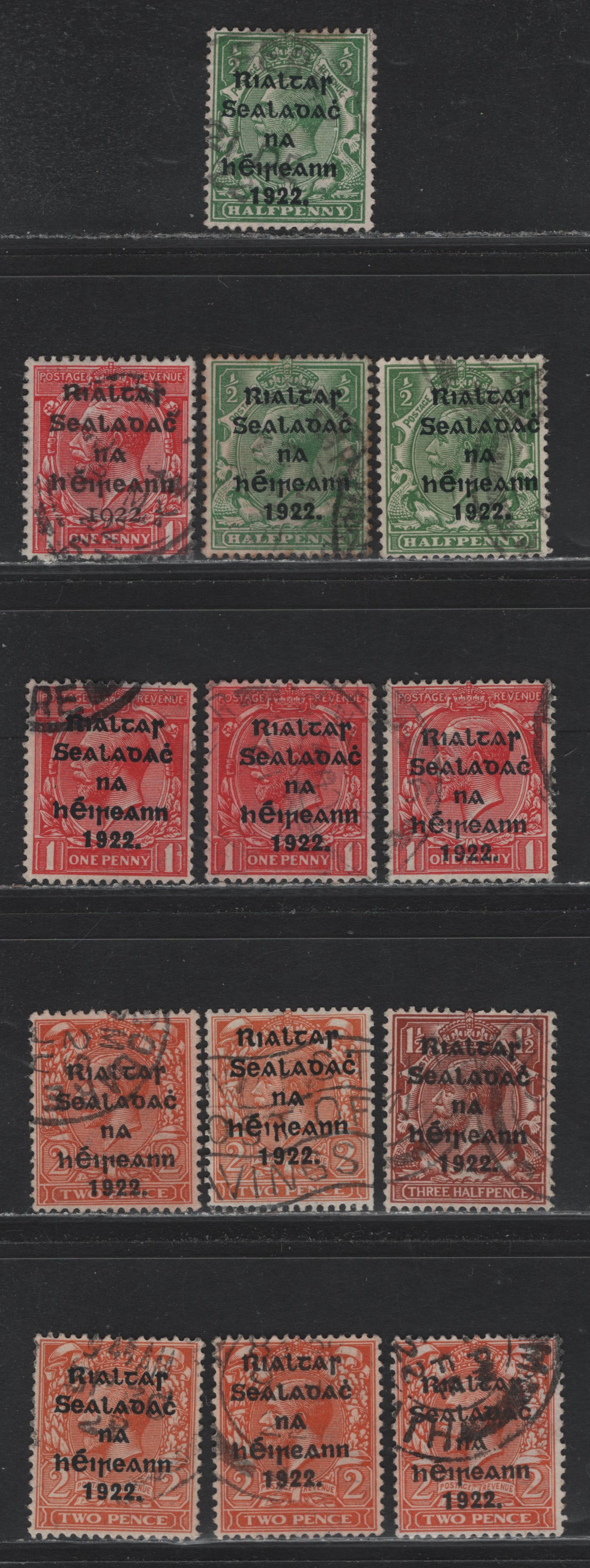 Lot 12 Ireland (C) SG#3, 10, 12-13, 30-31, 33-34 1/2d - 2d Green - Orange , 1922 KGV Overprinted Profile Heads Issue, 13 Fine/Very Fine Used Singles, Dollard, First Thim Printings With Black Overprint & 2nd Thom With Blue-Black