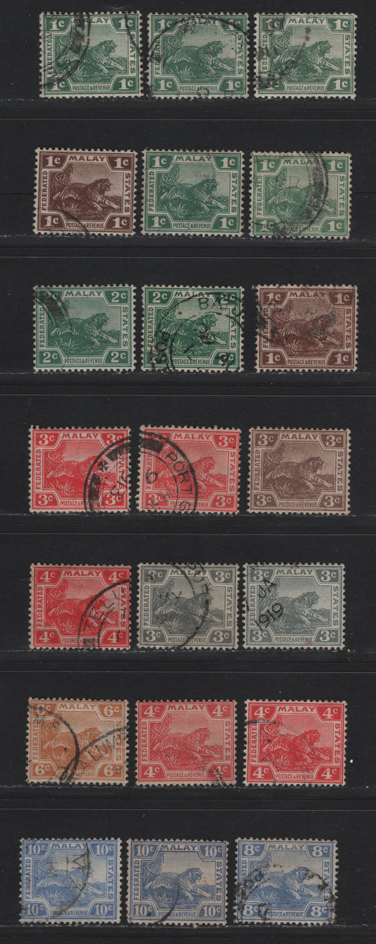 Lot 121 Federated Malaya States (C) SG#29-31, 33-34,b, 35, 38, 40, 42, 44a 1c - 10c Green - Bright Blue , 1904-1922 Tiger Keyplates, 20 Fine/Very Fine Used Singles, Die 2 Printings From Plates 1 & 2, Various Shades