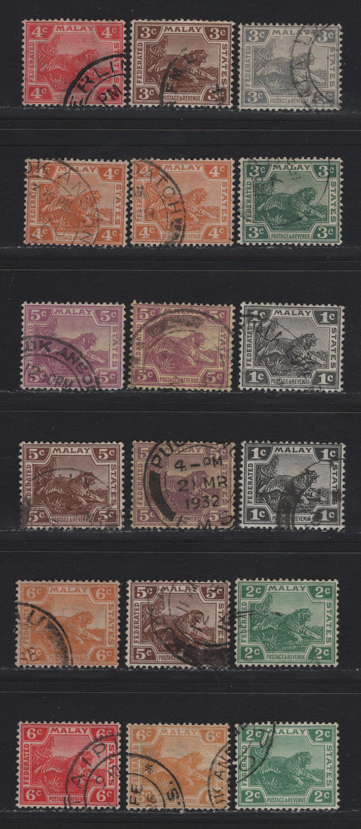 Lot 123 Federated Malaya States (C) SG#53/63 1c - 6c Black - Orange , 1922-1934 Tiger Keyplates, 18 Fine/Very Fine Used Singles, Dies 1 & 2, Variety Of Subtle Shades