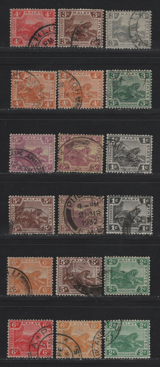 Lot 123 Federated Malaya States (C) SG#53/63 1c - 6c Black - Orange , 1922-1934 Tiger Keyplates, 18 Fine/Very Fine Used Singles, Dies 1 & 2, Variety Of Subtle Shades