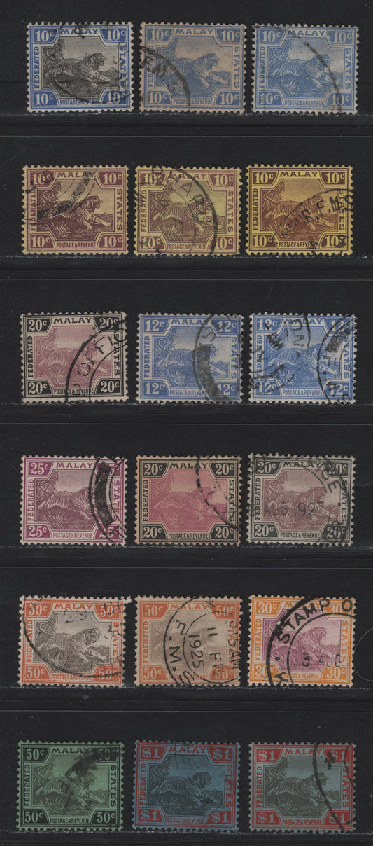 Lot 124 Federated Malaya States (C) SG#65/77, 69a, 74a 10c - $1 Bright Blue - Black & Red , 1922-1934 Tiger Keyplates, 18 Fine/Very Fine Used Singles, Different Printings In A Variety Of Shades, None Of Which Are Listed