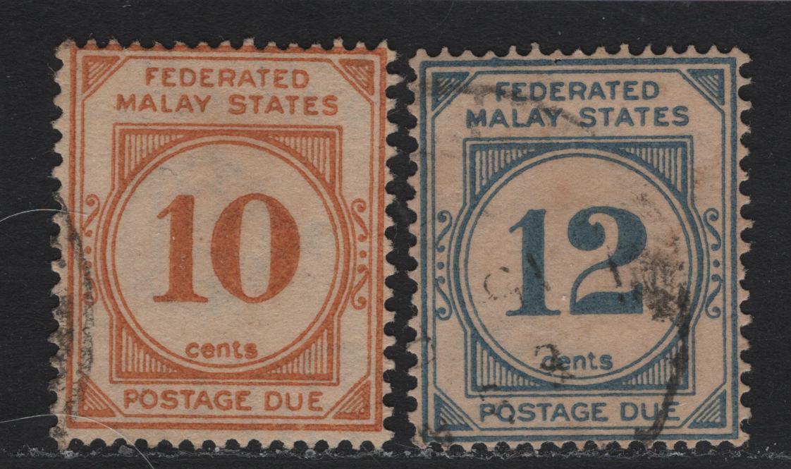 Lot 127 Federated Malaya States (C) SG#D5w, D6w 10c - 12c Orange - Blue , 1924-1926 Postage Dues, 2 Fine/Very Fine Used Singles, Crown to Left of CA Wmk