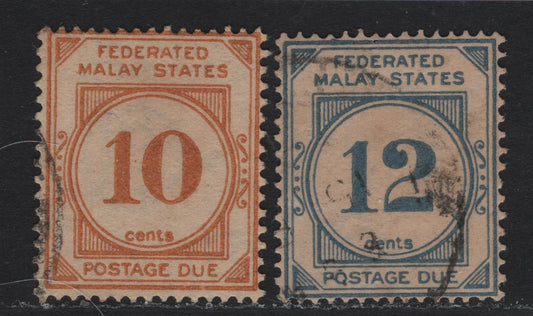 Lot 127 Federated Malaya States (C) SG#D5w, D6w 10c - 12c Orange - Blue , 1924-1926 Postage Dues, 2 Fine/Very Fine Used Singles, Crown to Left of CA Wmk