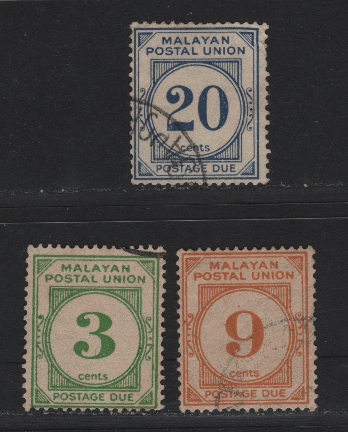 Lot 129 Malayan Postal Union (C) SG#D8, D11, D13 3c - 20c Green - Blue , 1945-1949 Postage Dues, 3 Fine Used Singles, Perf 15x14, Script CA Wmk, Small Wrinkle on 20c.