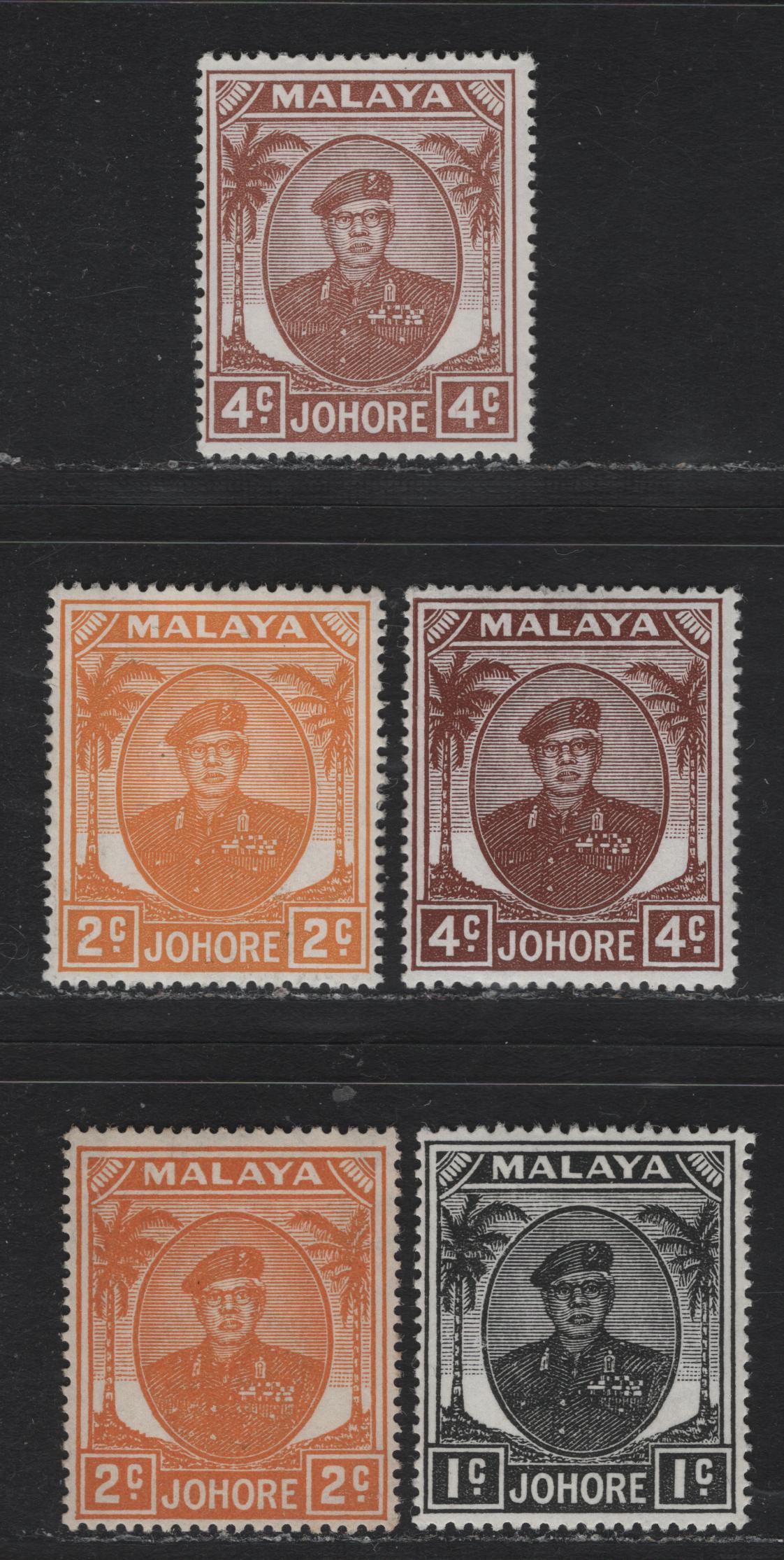 Lot 134 Malaya - Johore (C) SG#133-134a, 136 1c - 4c Black - Brown & Pale Brown , 1949-1955 Sultan Sir Ibrahim Palm & Tree Portrait Keyplates, 5 F/VFOG Singles