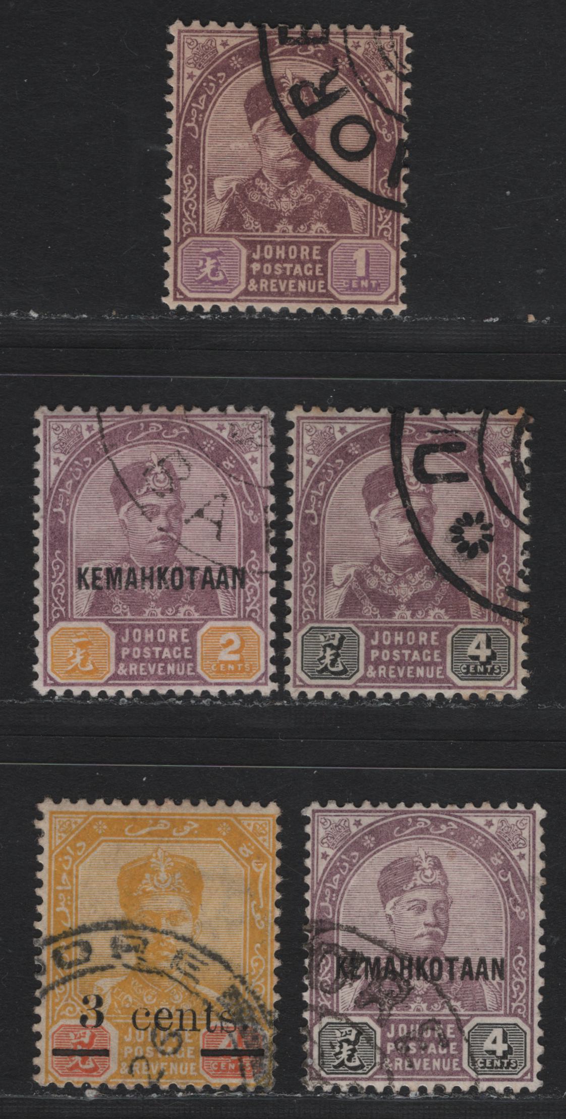 Lot 136 Malaya - Johore (C) SG#21, 24, 33, 35, 54 1c - 3c on 4c Dull Purple & Mauve - Yellow & Red , 1891-1894 Sultan Abu Bakar - Surcharged Sultan Ibrahim Issues, 5 Very Fine Used Singles