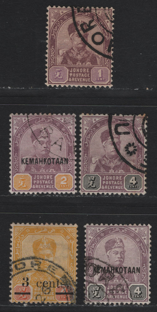 Lot 136 Malaya - Johore (C) SG#21, 24, 33, 35, 54 1c - 3c on 4c Dull Purple & Mauve - Yellow & Red , 1891-1894 Sultan Abu Bakar - Surcharged Sultan Ibrahim Issues, 5 Very Fine Used Singles